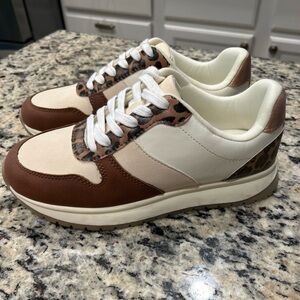 Time and Tru Brown and Cream Sneakers with Leopard Accents